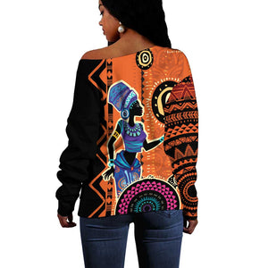 African Woman In Ethnic Dress Off Shoulder Sweater Ethnic Geometric Patterns