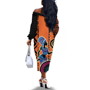 African Woman In Ethnic Dress Off The Shoulder Long Sleeve Dress Ethnic Geometric Patterns