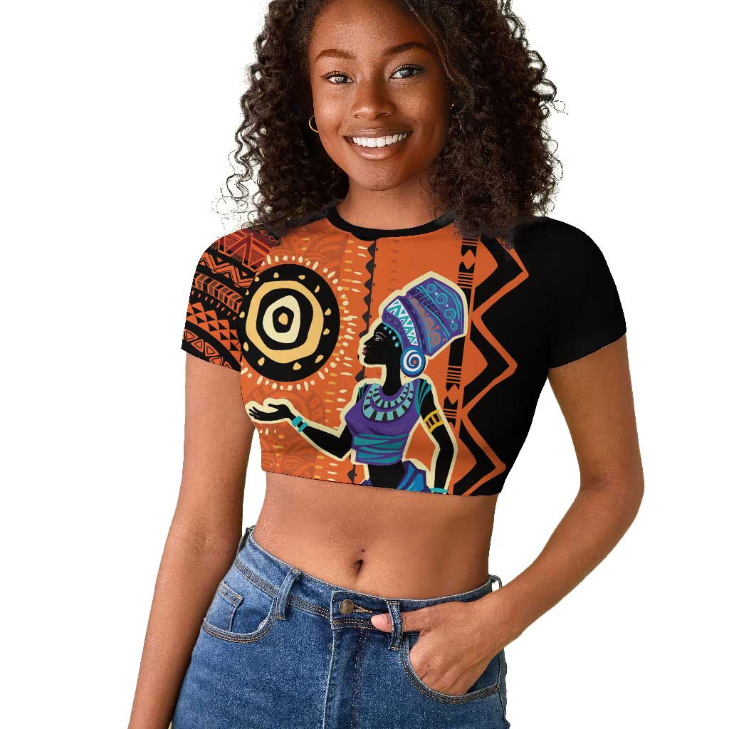 African Woman In Ethnic Dress Raglan Cropped T shirt Ethnic Geometric Patterns