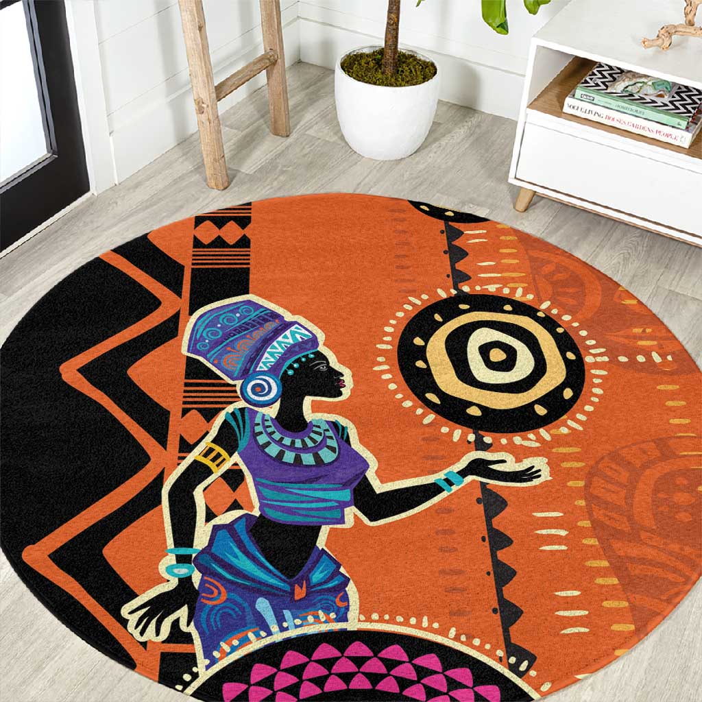 African Woman In Ethnic Dress Round Carpet Ethnic Geometric Patterns