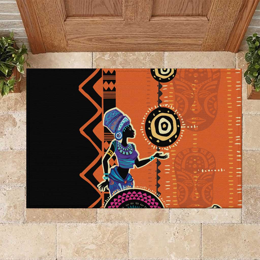 African Woman In Ethnic Dress Rubber Doormat Ethnic Geometric Patterns