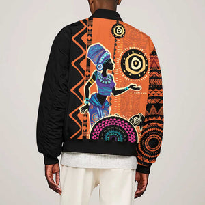 African Woman In Ethnic Dress Sleeve Zip Bomber Jacket Ethnic Geometric Patterns