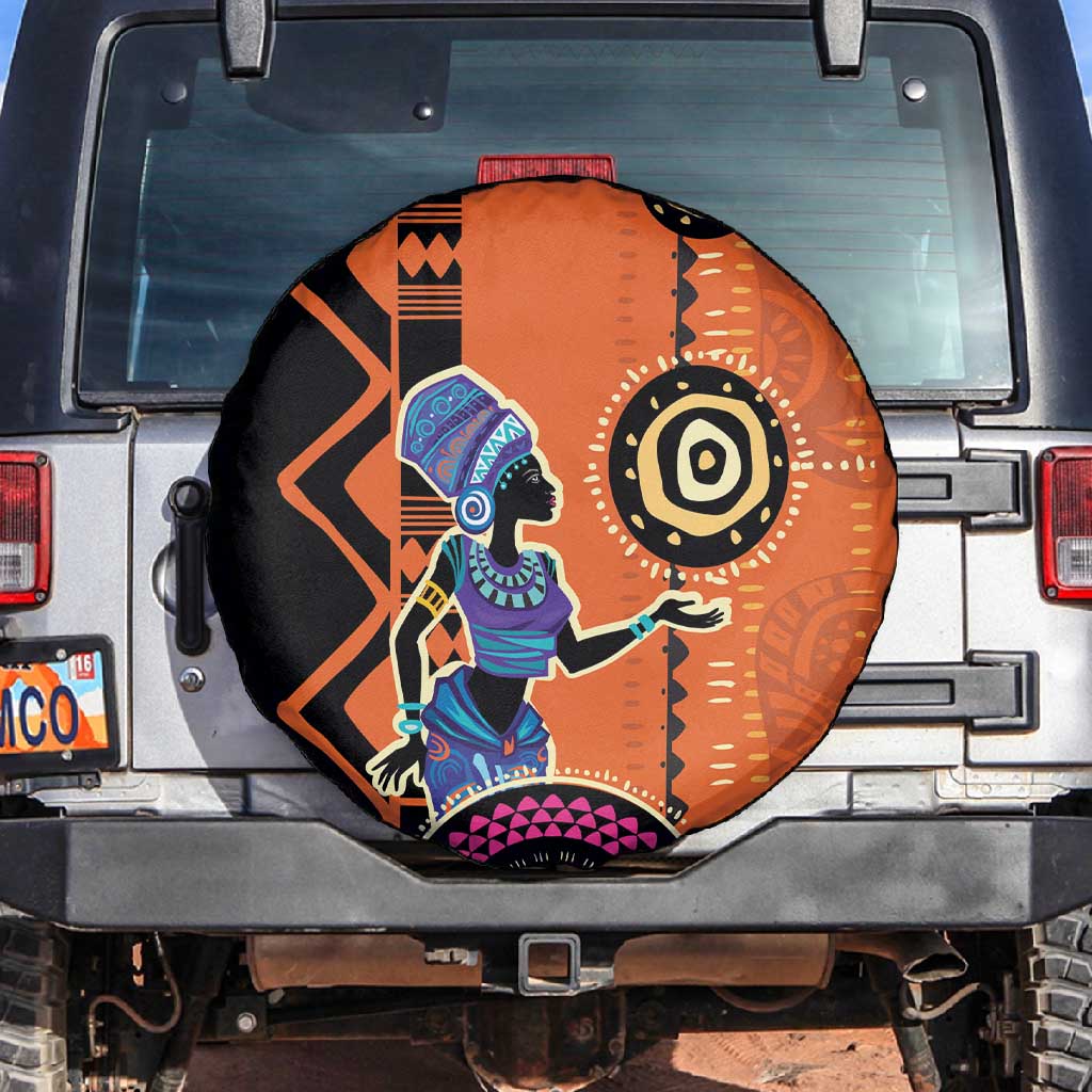 African Woman In Ethnic Dress Spare Tire Cover Ethnic Geometric Patterns