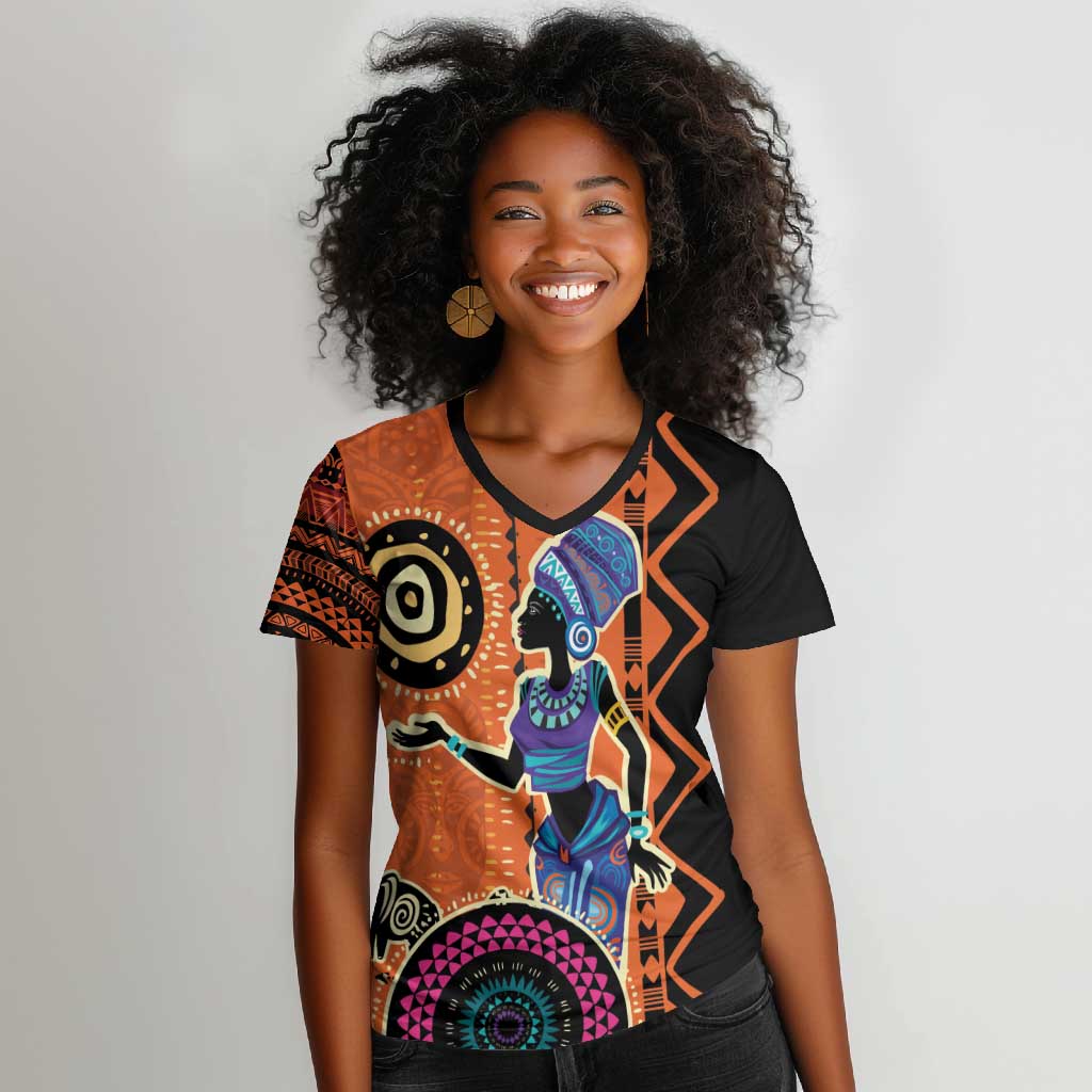 African Woman In Ethnic Dress Women V-Neck T-Shirt Ethnic Geometric Patterns