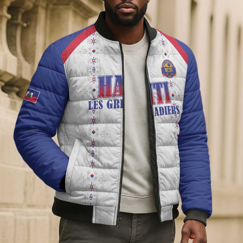 Custom Afro-Haitians Football Pride Bomber Puffer Jacket Les Grenadiers Veve Vodou White Version