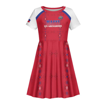 Custom Afro-Haitians Football Pride Kid Short Sleeve Dress Les Grenadiers Veve Vodou Red Version LT18