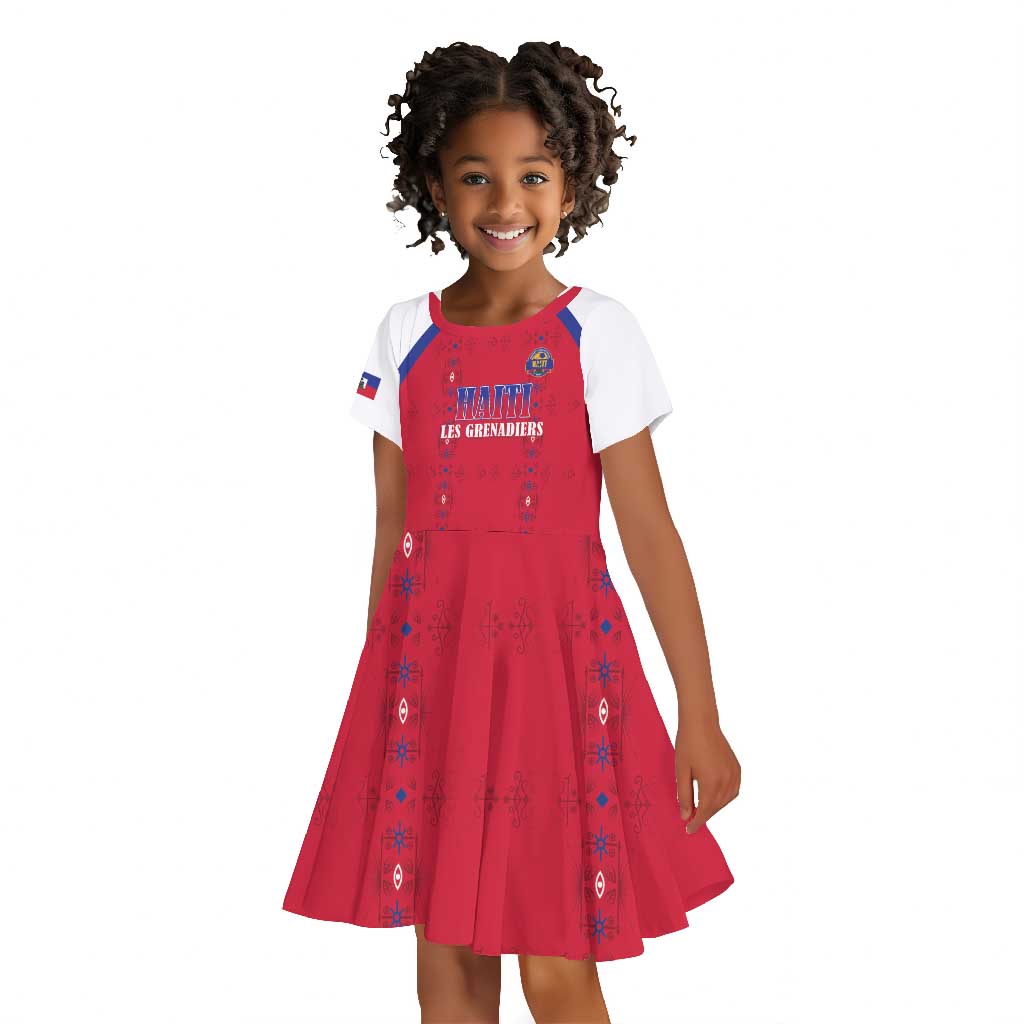 Custom Afro-Haitians Football Pride Kid Short Sleeve Dress Les Grenadiers Veve Vodou Red Version LT18
