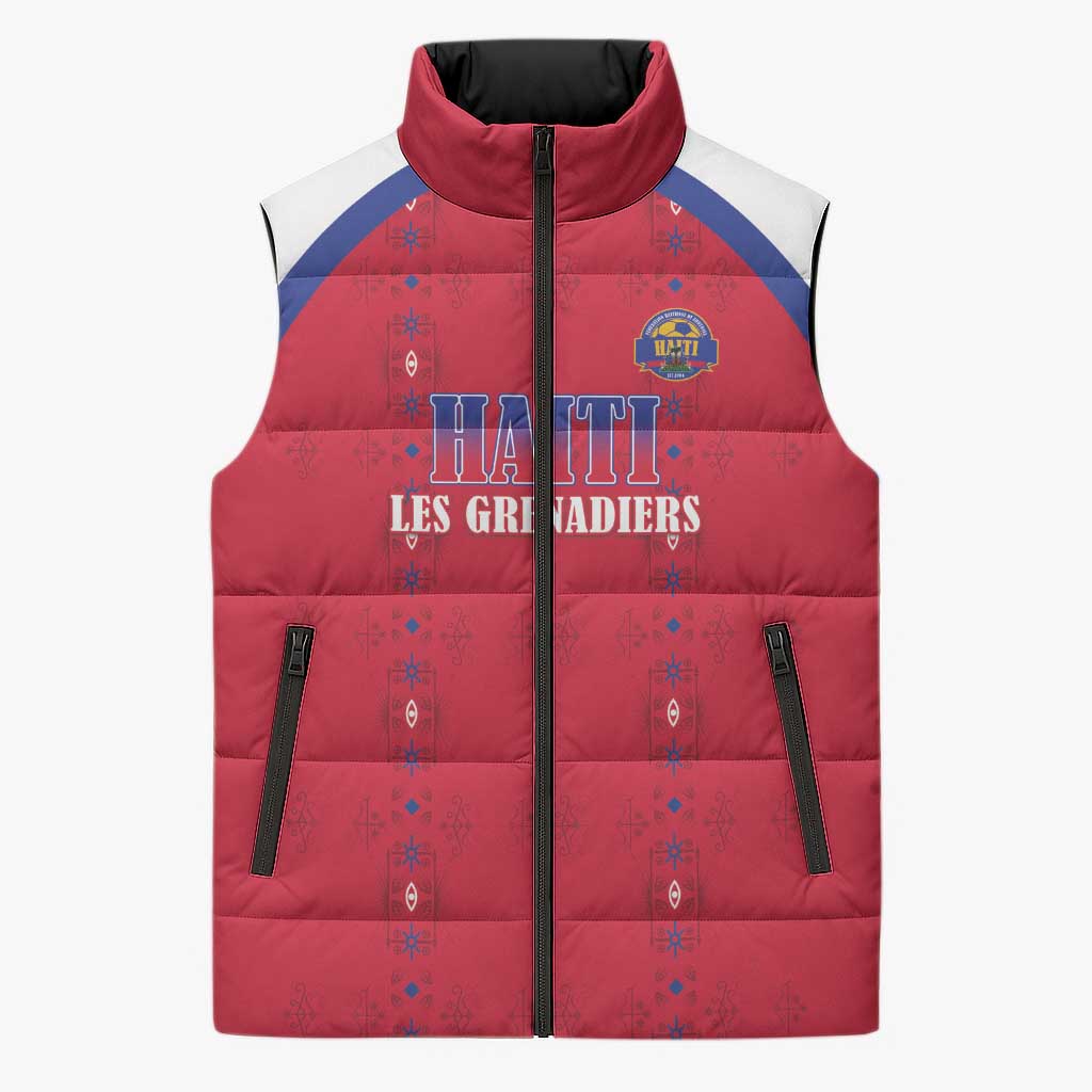 Custom Afro-Haitians Football Pride Sleeveless Puffer Jacket Les Grenadiers Veve Vodou Red Version