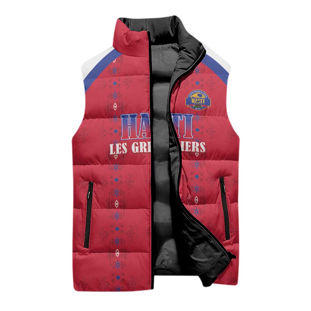 Custom Afro-Haitians Football Pride Sleeveless Puffer Jacket Les Grenadiers Veve Vodou Red Version