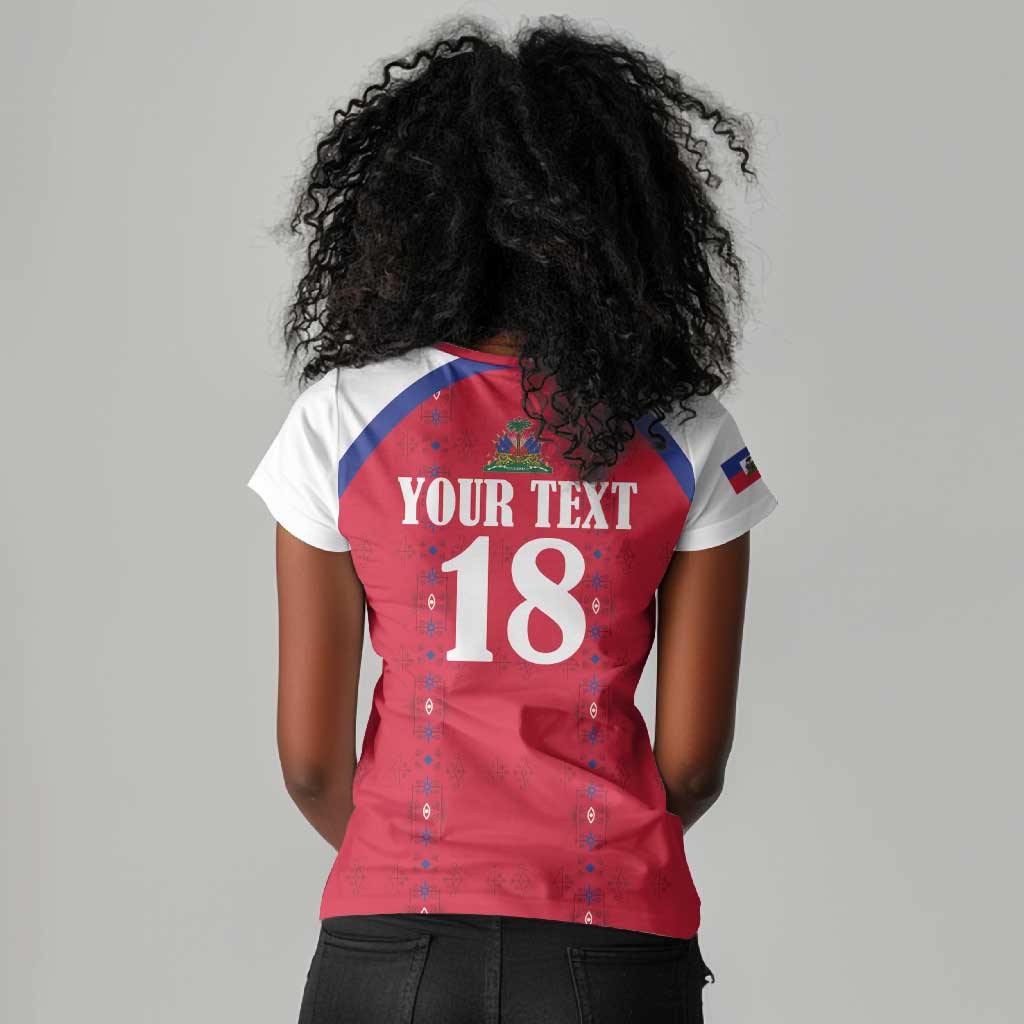 Custom Afro-Haitians Football Pride Women V-Neck T-Shirt Les Grenadiers Veve Vodou Red Version LT18