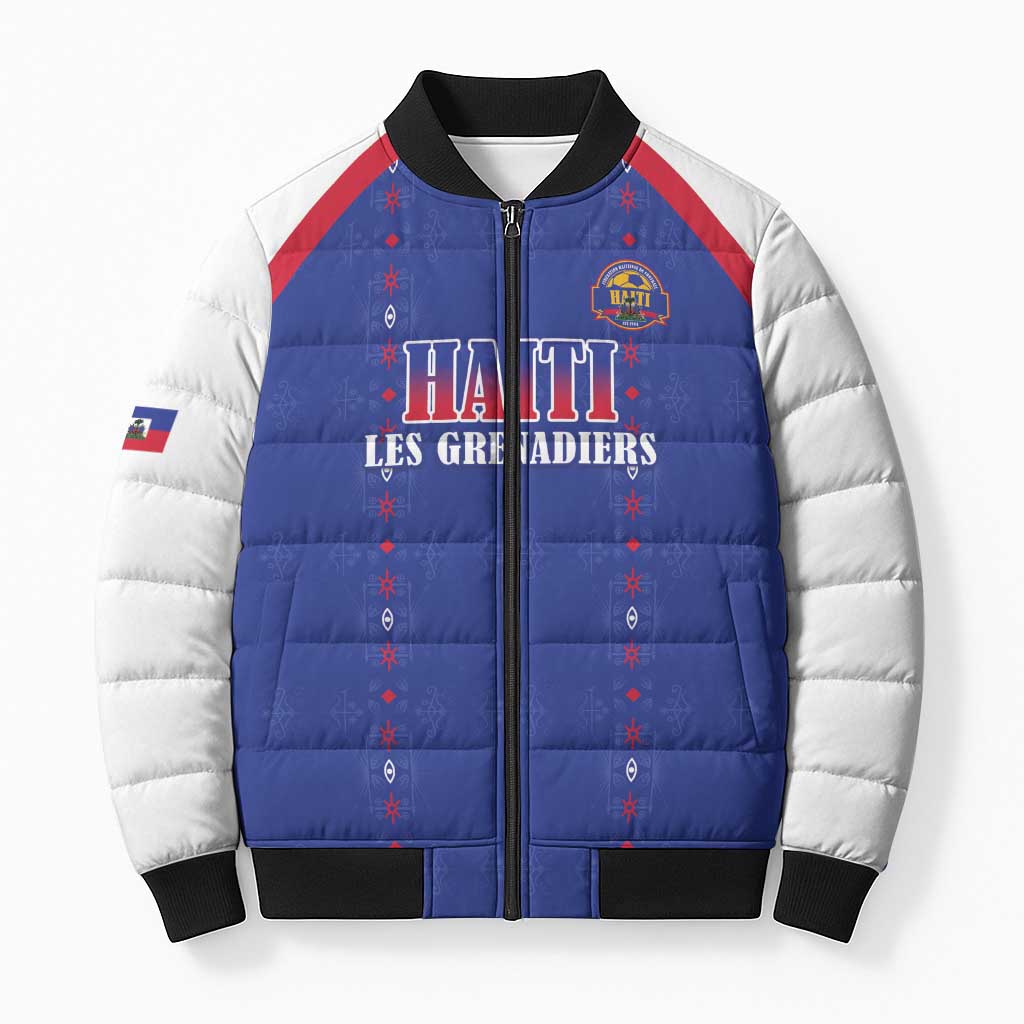 Custom Afro-Haitians Football Pride Bomber Puffer Jacket Les Grenadiers Veve Vodou Blue Version
