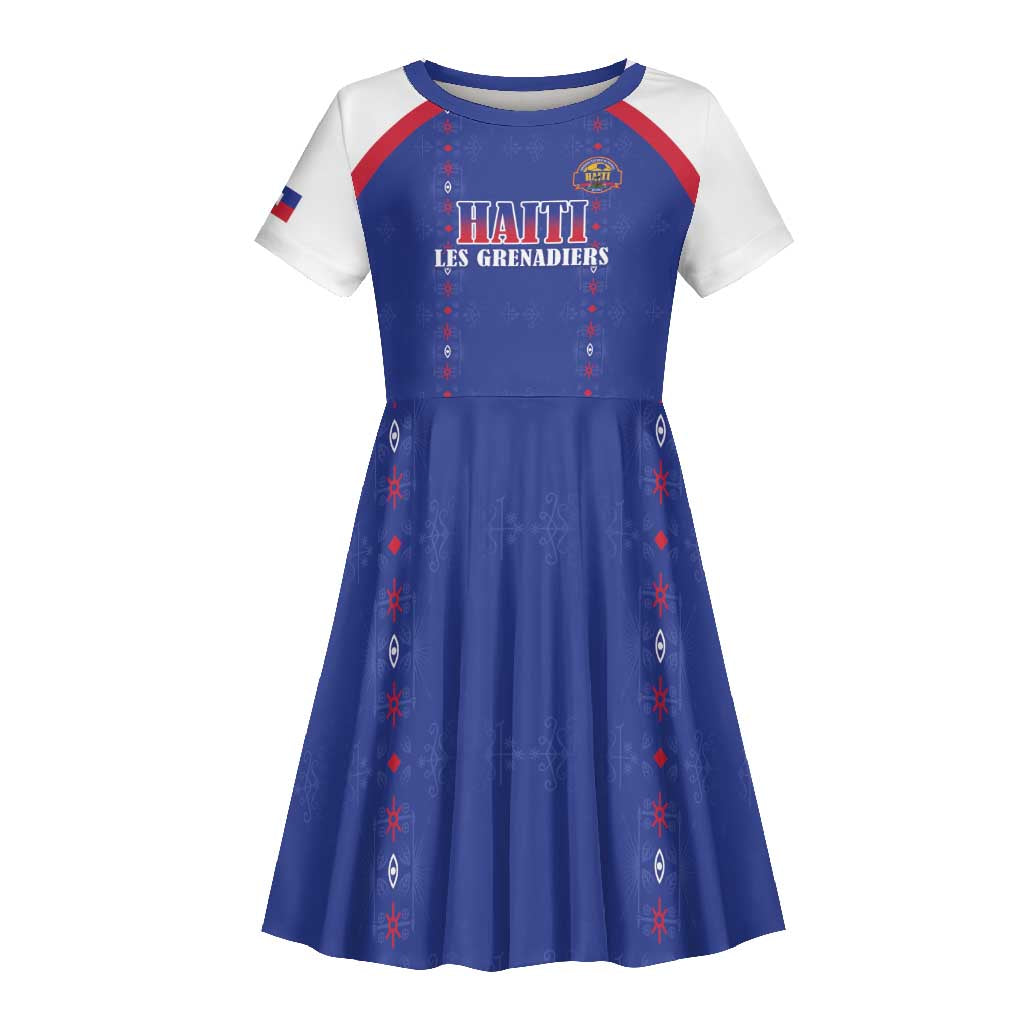 Custom Afro-Haitians Football Pride Kid Short Sleeve Dress Les Grenadiers Veve Vodou Blue Version LT18