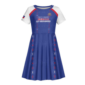 Custom Afro-Haitians Football Pride Kid Short Sleeve Dress Les Grenadiers Veve Vodou Blue Version LT18