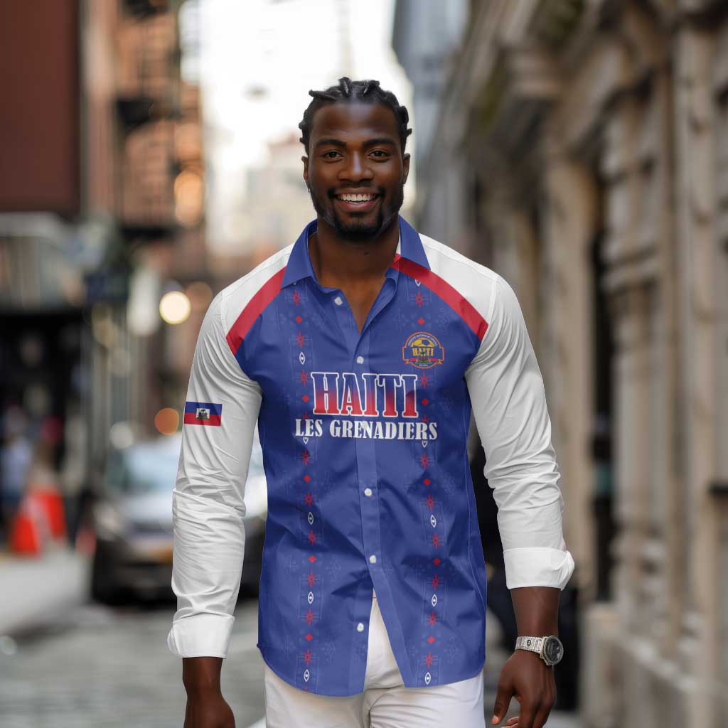 Custom Afro-Haitians Football Pride Long Sleeve Button Shirt Les Grenadiers Veve Vodou Blue Version - African Pride