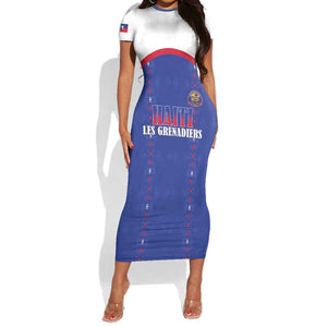 Custom Afro-Haitians Football Pride Short Sleeve Bodycon Dress Les Grenadiers Veve Vodou Blue Version LT18