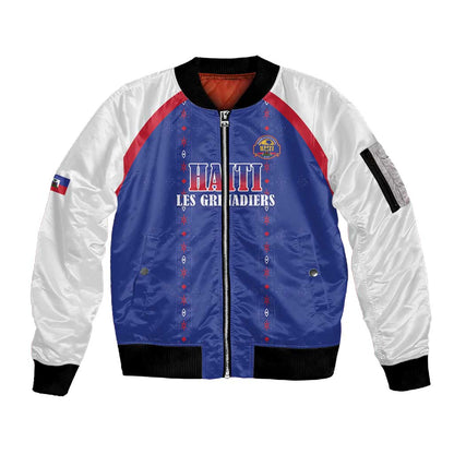 Custom Afro-Haitians Football Pride Sleeve Zip Bomber Jacket Les Grenadiers Veve Vodou Blue Version - African Pride