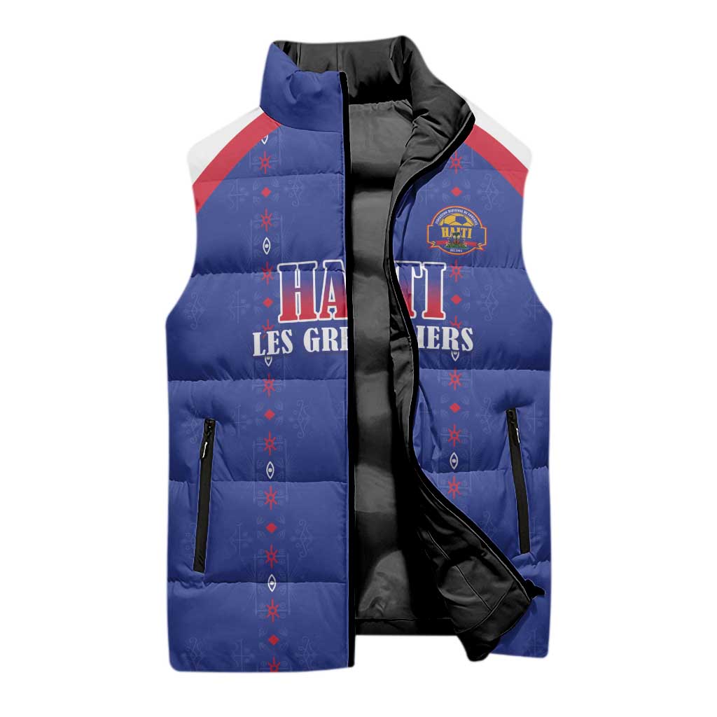 Custom Afro-Haitians Football Pride Sleeveless Puffer Jacket Les Grenadiers Veve Vodou Blue Version