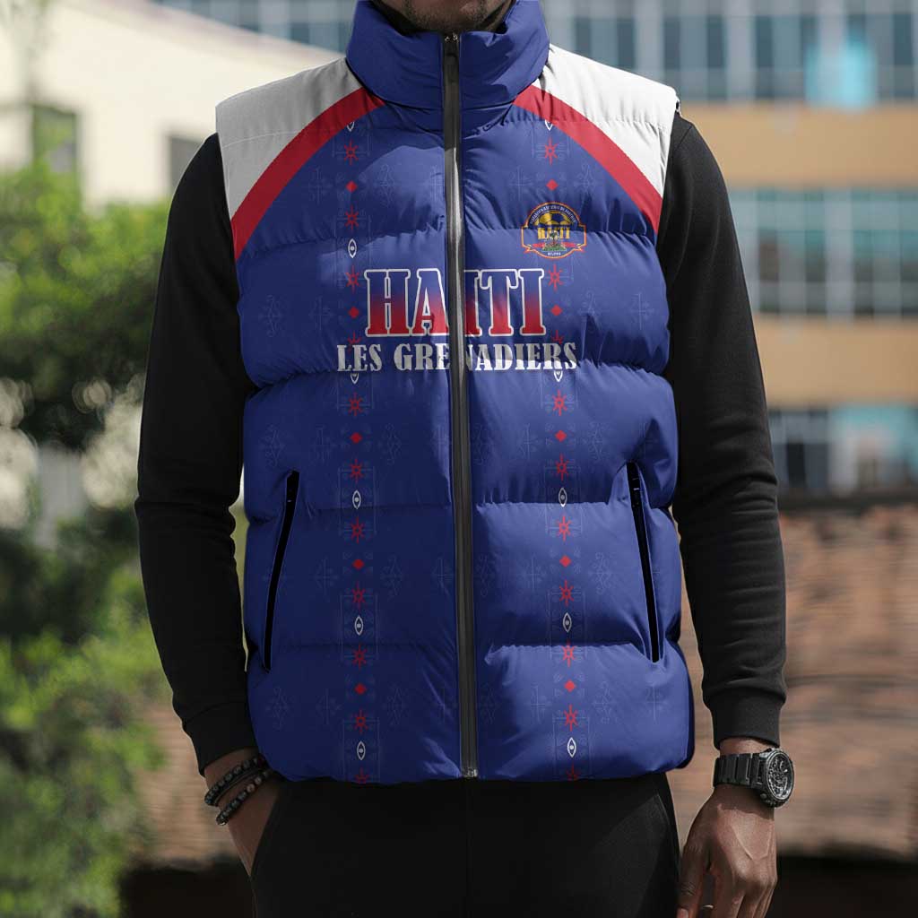 Custom Afro-Haitians Football Pride Sleeveless Puffer Jacket Les Grenadiers Veve Vodou Blue Version