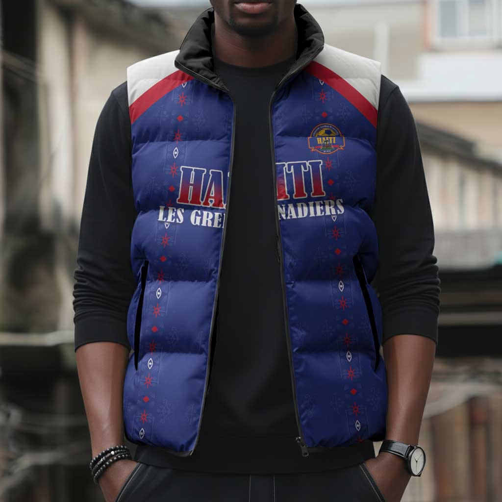 Custom Afro-Haitians Football Pride Sleeveless Puffer Jacket Les Grenadiers Veve Vodou Blue Version