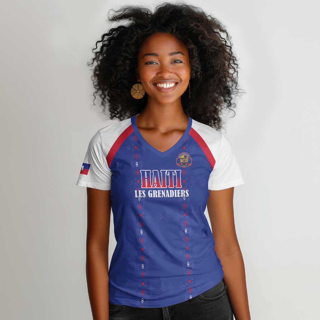 Custom Afro-Haitians Football Pride Women V-Neck T-Shirt Les Grenadiers Veve Vodou Blue Version LT18