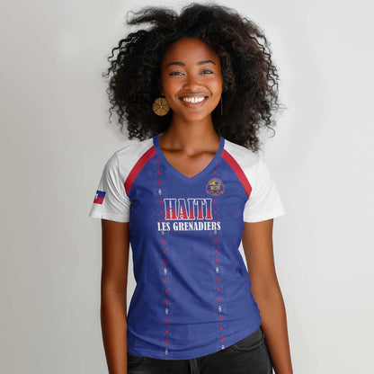 Custom Afro-Haitians Football Pride Women V-Neck T-Shirt Les Grenadiers Veve Vodou Blue Version LT18