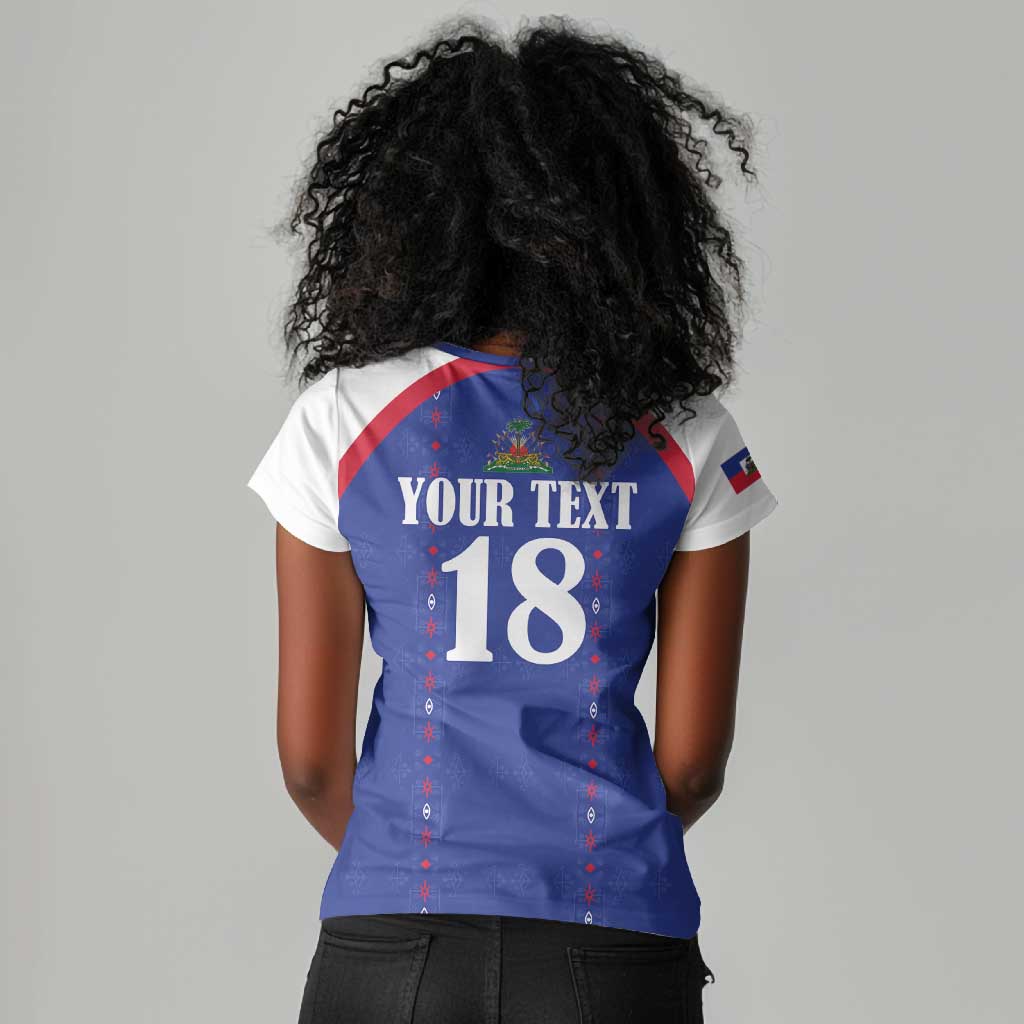 Custom Afro-Haitians Football Pride Women V-Neck T-Shirt Les Grenadiers Veve Vodou Blue Version LT18