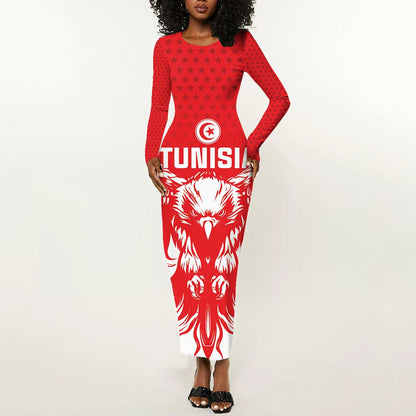 Custom Tunisia Football Long Sleeve Bodycon Dress Eagles of Carthage Spirit - African Pride