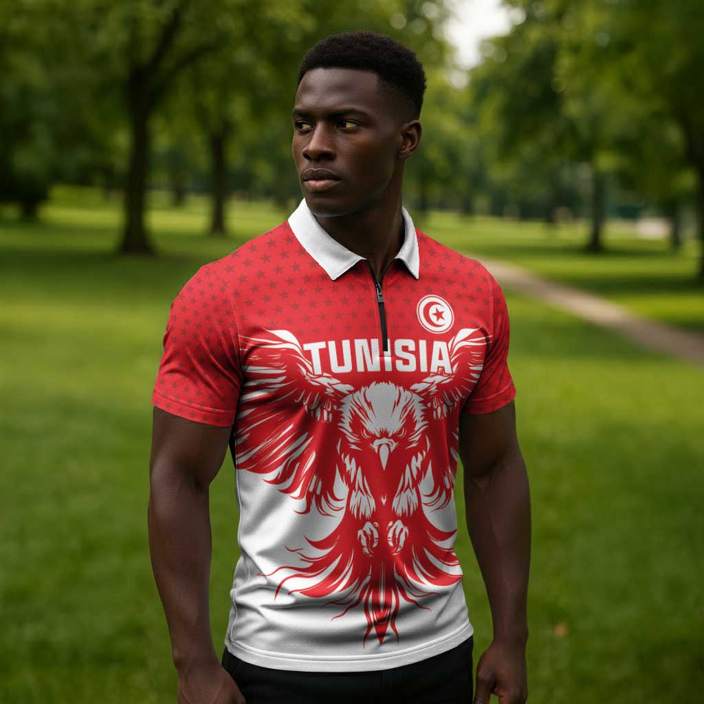 Custom Tunisia Football Zipper Polo Shirt Eagles of Carthage Spirit - African Pride
