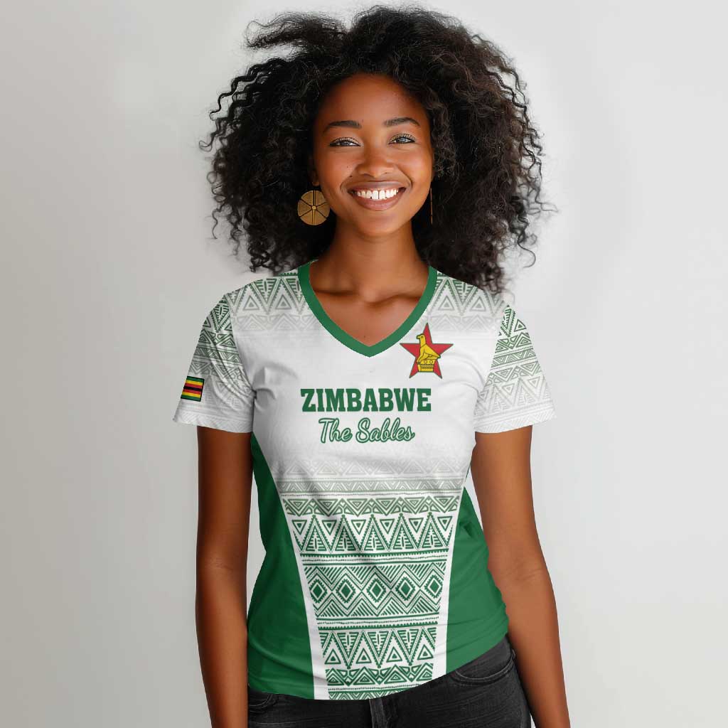 Custom Zimbabwe Sables Rugby Women V-Neck T-Shirt African Patterns - African Pride