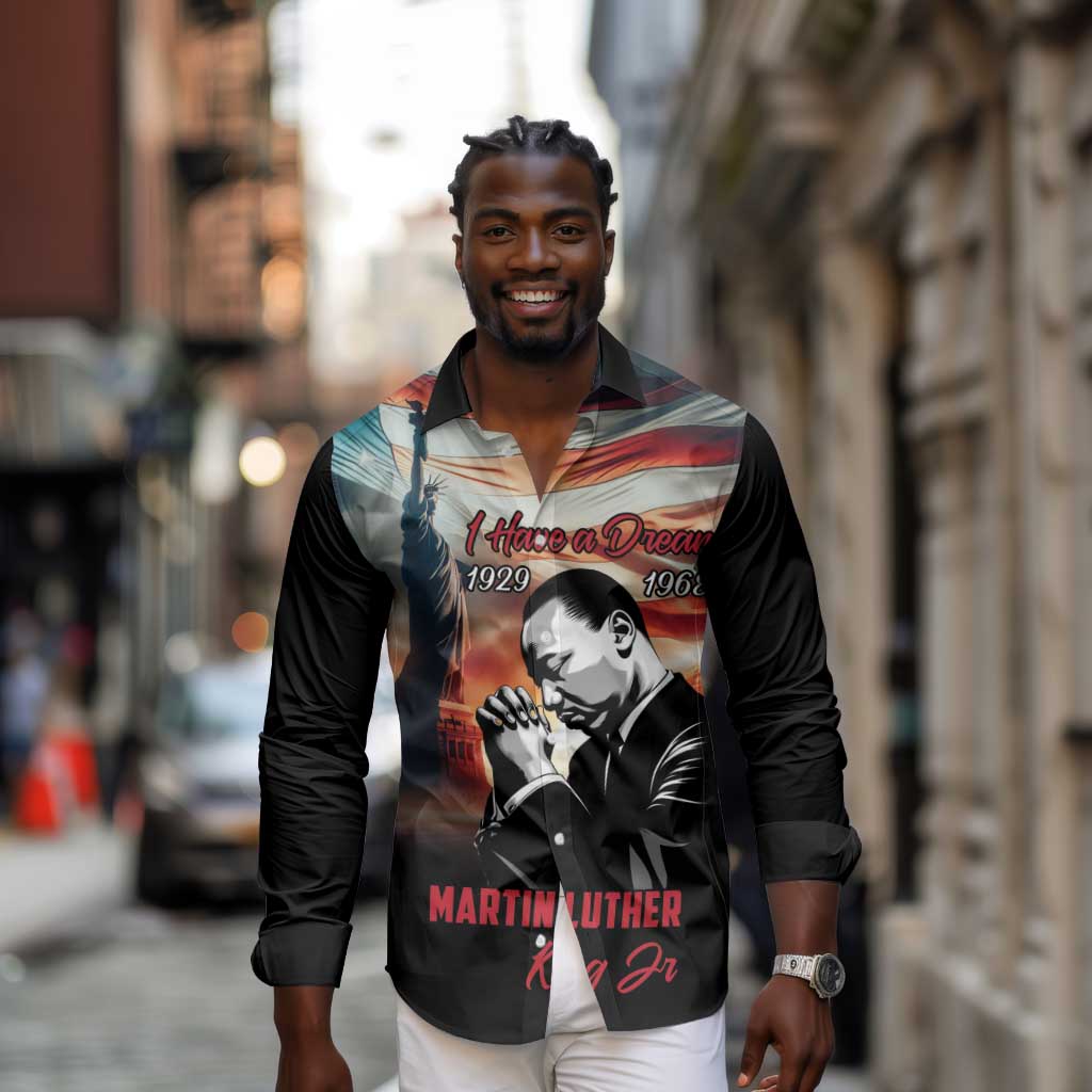 Happy MLK Day Long Sleeve Button Shirt Black Americans Leaders I Have a Dream