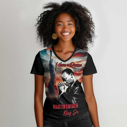 Happy MLK Day Women V-Neck T-Shirt Black Americans Leaders I Have a Dream
