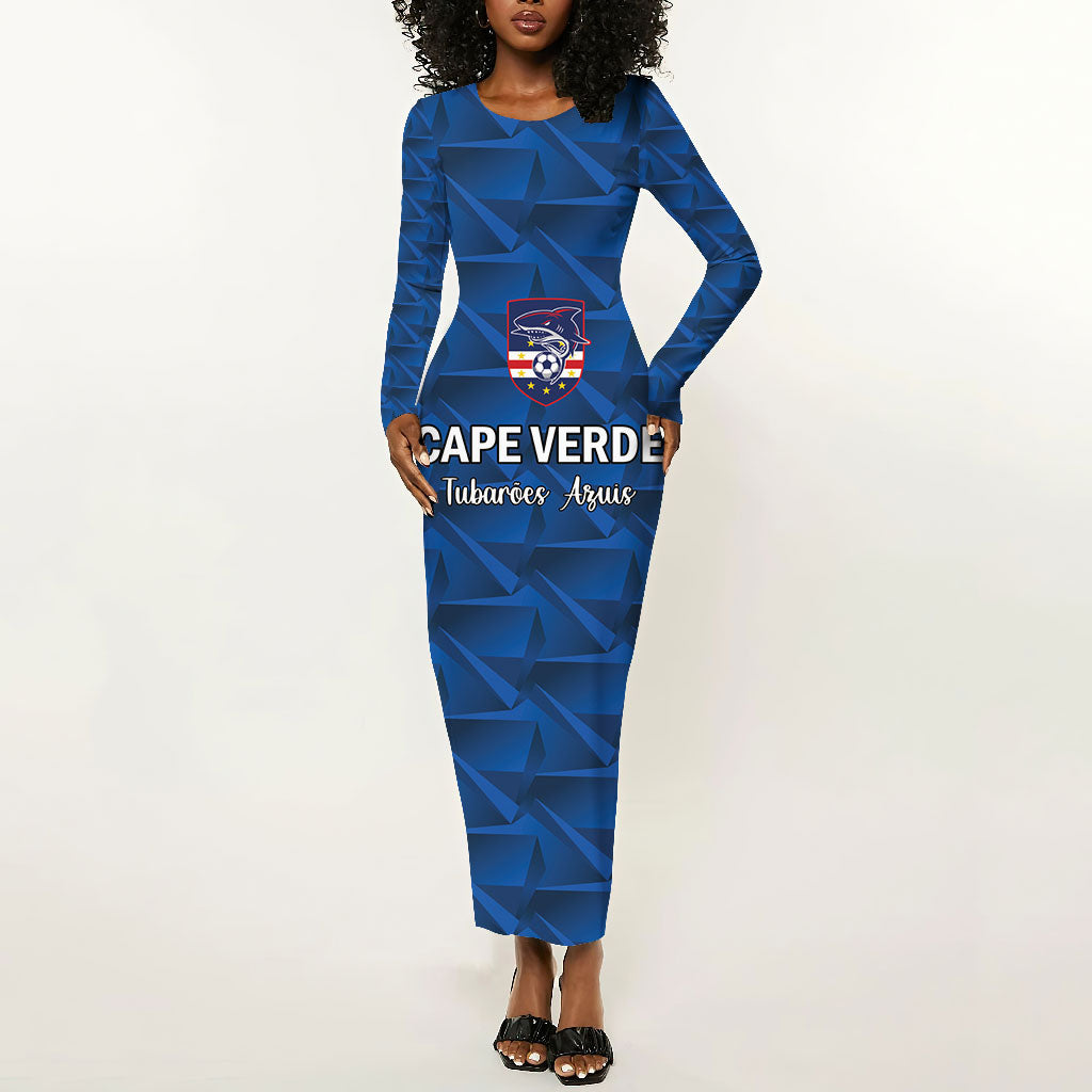 Custom Cape Verde Football 2026 Long Sleeve Bodycon Dress Atlantic Blue Sharks Heritage