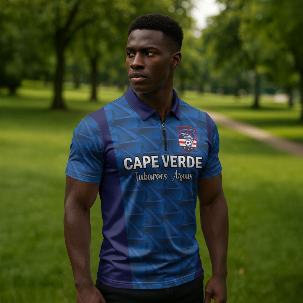 Custom Cape Verde Football 2026 Zipper Polo Shirt Atlantic Blue Sharks Heritage