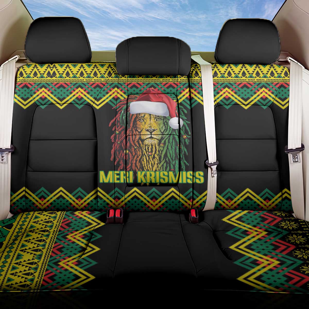 Black Jamaican Christmas Back Car Seat Cover Reggae Lion With Kente Pattern