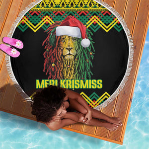 Black Jamaican Christmas Beach Blanket Reggae Lion With Kente Pattern