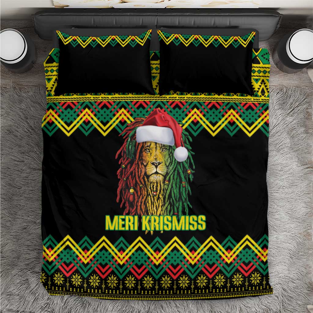 Black Jamaican Christmas Bedding Set Reggae Lion With Kente Pattern