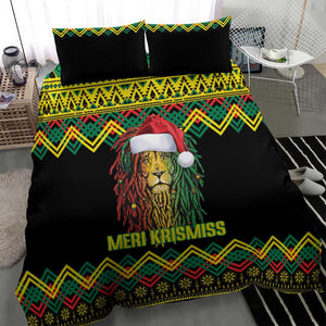 Black Jamaican Christmas Bedding Set Reggae Lion With Kente Pattern