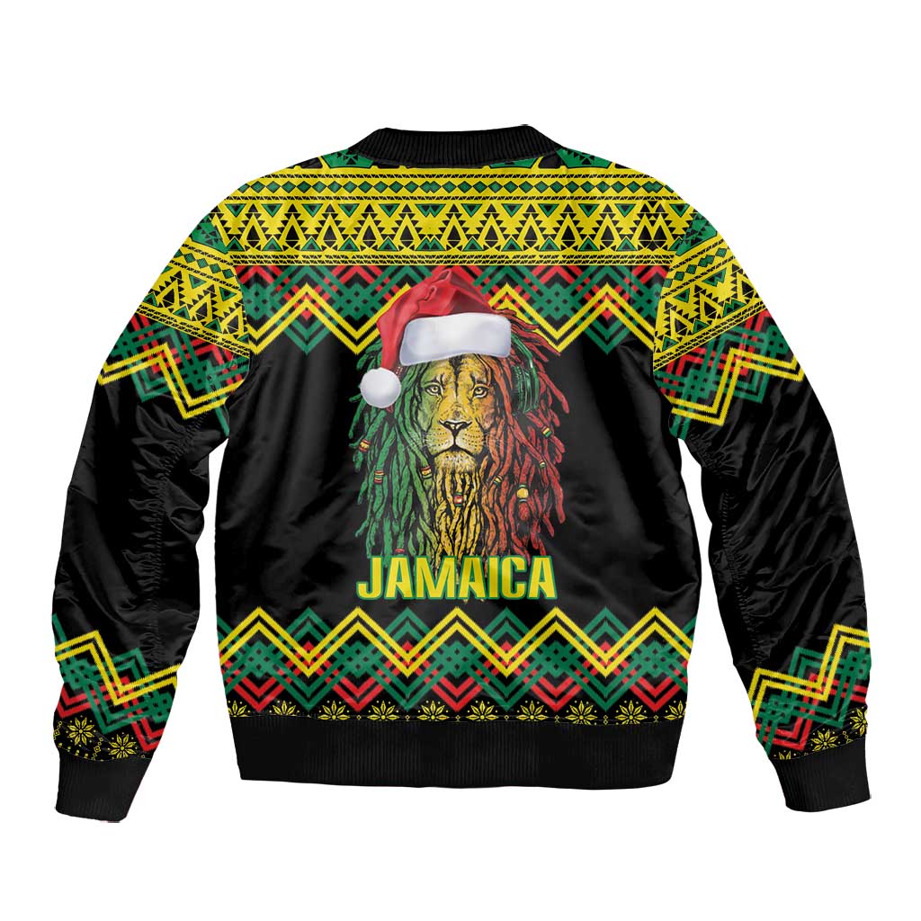 Black Jamaican Christmas Bomber Jacket Reggae Lion With Kente Pattern
