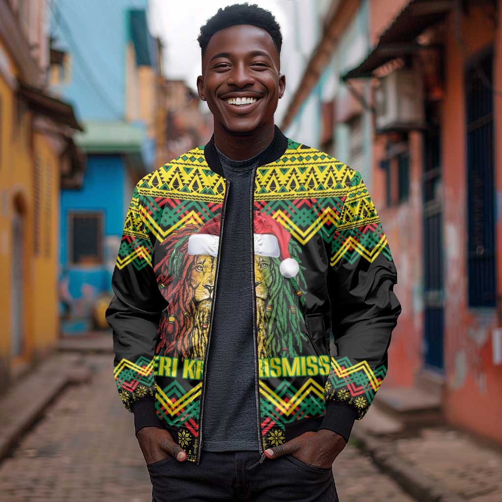 Black Jamaican Christmas Bomber Jacket Reggae Lion With Kente Pattern