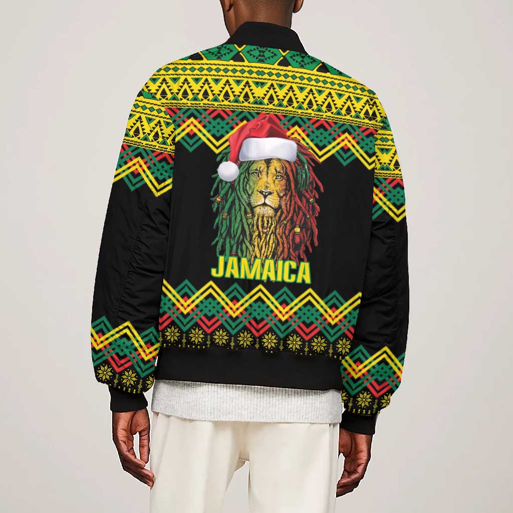 Black Jamaican Christmas Bomber Jacket Reggae Lion With Kente Pattern