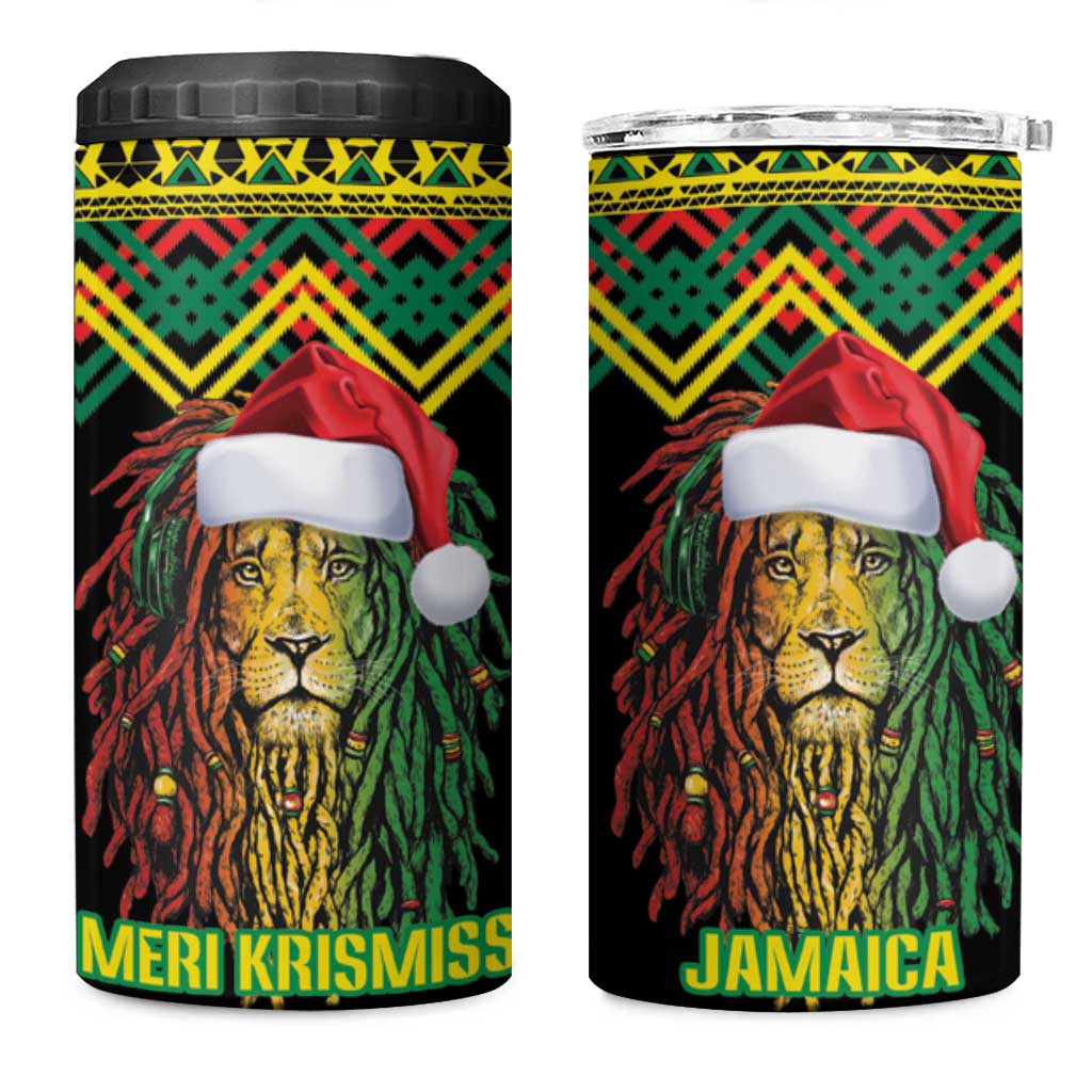 Black Jamaican Christmas 4 in 1 Can Cooler Tumbler Reggae Lion With Kente Pattern