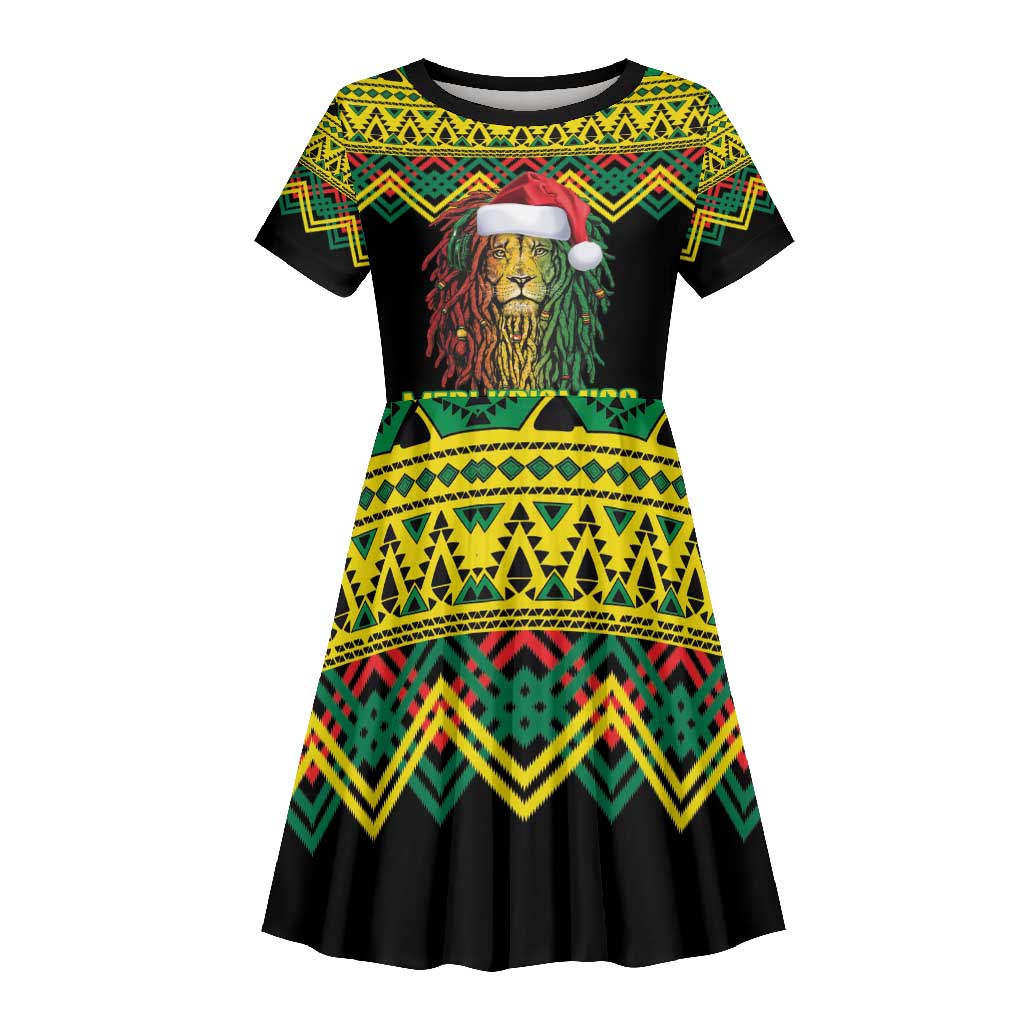 Black Jamaican Christmas Kid Short Sleeve Dress Reggae Lion With Kente Pattern