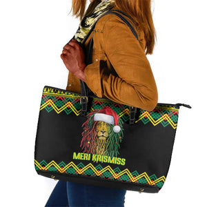 Black Jamaican Christmas Leather Tote Bag Reggae Lion With Kente Pattern