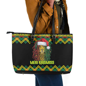 Black Jamaican Christmas Leather Tote Bag Reggae Lion With Kente Pattern