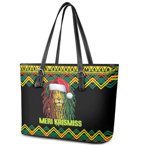 Black Jamaican Christmas Leather Tote Bag Reggae Lion With Kente Pattern