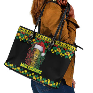 Black Jamaican Christmas Leather Tote Bag Reggae Lion With Kente Pattern