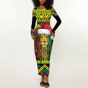 Black Jamaican Christmas Long Sleeve Bodycon Dress Reggae Lion With Kente Pattern