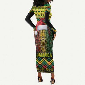 Black Jamaican Christmas Long Sleeve Bodycon Dress Reggae Lion With Kente Pattern