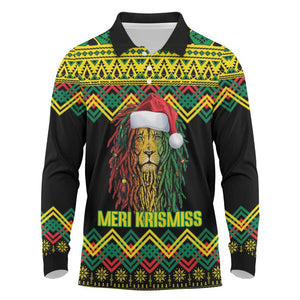 Black Jamaican Christmas Long Sleeve Polo Shirt Reggae Lion With Kente Pattern