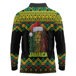 Black Jamaican Christmas Long Sleeve Polo Shirt Reggae Lion With Kente Pattern